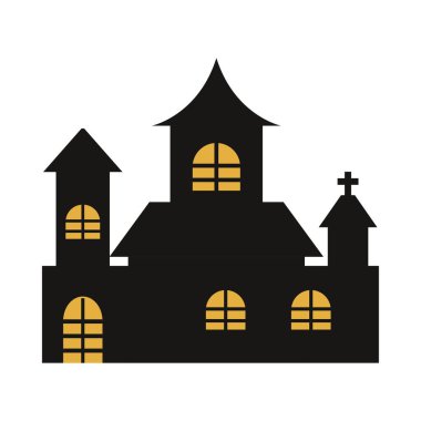 Cadılar Bayramı hayaletli kale silueti tasarımı. Sarı ve koyu siyah renk tonlu. Beyaz bir arka planda lanetli korkunç kale vektör tasarımı. Ev vektör illüstrasyonlu Cadılar Bayramı etkinliği için tasarım.