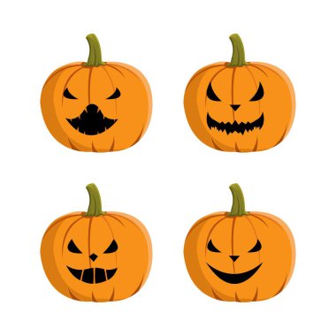 Cadılar Bayramı için beyaz arka planda korkunç balkabağı feneri tasarımı. Siyah ve sarı renkli ürkütücü balkabağı tasarımı koleksiyonu. Cadılar Bayramı için ürkütücü vektör tasarımı koleksiyonu.