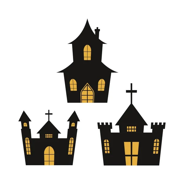 Halloween Upiorny Wygląd Sylwetki Zamku Kolorze Czarnym Żółtym Nawiedzony Zamek — Wektor stockowy