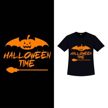 Cadılar Bayramı siyah tişört tasarımı ve şeytani bir balkabağı. Cadılar Bayramı için kabak kabağı feneri, süpürge sapı ve el yazısı olan komik element tasarımı. Cadılar Bayramı için ürkütücü tişört tasarımı.