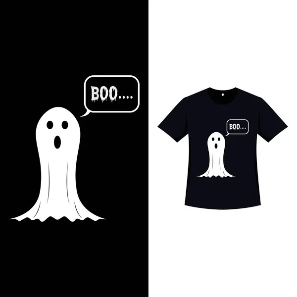 Shirt Halloween Semplice Colore Nero Design Con Fantasma Bianco Tipografia — Vettoriale Stock