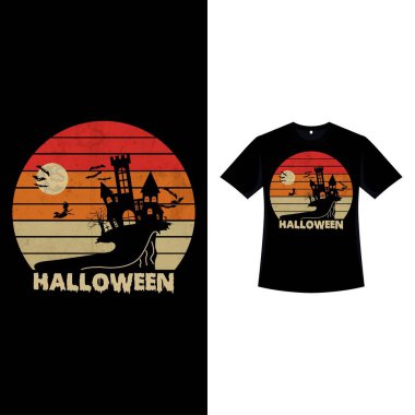 Cadılar Bayramı tarzı eski moda tişört tasarımı tepede perili bir ev, cadı ve yarasalar. Klasik renk ve kaligrafi içeren Cadılar Bayramı korkunç tişört tasarımı. Cadılar Bayramı için korkunç moda tasarımı.