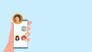 Cep telefonu ve yüzen karakterlerle sosyal medya animasyon videosu. Sosyal medya aktiviteleri için dijital mobil animasyon videosu. Cep telefonuyla 4K animasyon videosu.