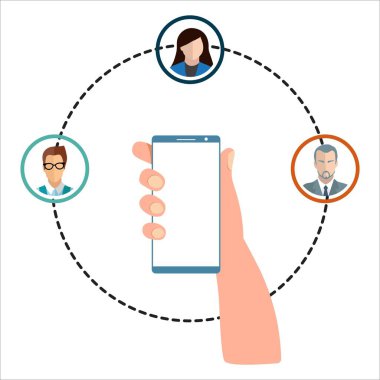 Sosyal medya aktiviteleri için profesyonel ve yaratıcı akıllı telefon vektör tasarımı. Cep telefonu ve yüzen karakterlerle sosyal medya vektör illüstrasyonu. Mobil bir tasarımı var..