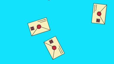Posta düşüşü 4K animasyon videosu. İleti simgeleri ön plana düşüyor. İleti simgeleri açık mavi ekranda aşağıya doğru uçuyor. Zarf düşüyor, 4K canlandırmalı video.