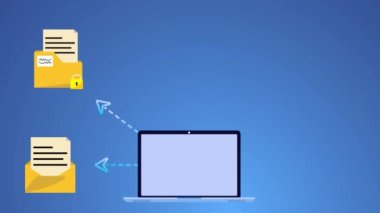 Bilgisayar hırsızlığı ve virüs koruma konsepti, 4K animasyon videosu. Dizinler, e-postalar, kartlar, web tarayıcıları, cep telefonları için virüs koruması. Teknoloji savunması için animasyon video.