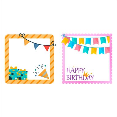 Kaligrafi ve parti afişi ile mutlu doğum günü tasarımı. Hediyeler ve parti unsurlarıyla mutlu yıllar. Doğum günü fotoğrafı çerçeve vektörü koleksiyonu.