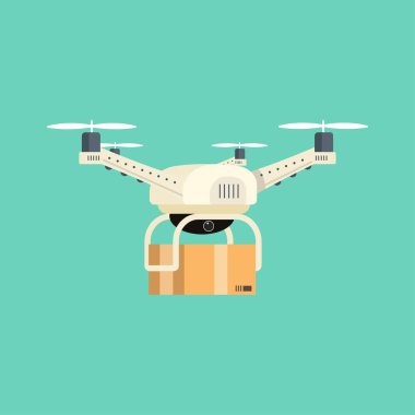 İnsansız hava aracı yeşil arka planda izole edildi. Eve teslim için gerçekçi İHA çizimi. Kameralı Quadcopter. Fotoğraf çeken ya da video kaydeden uzaktan kumandalı hava aracı.