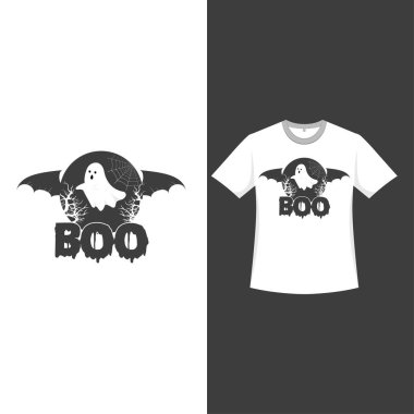 Cadılar Bayramı siyah tişört tasarımı. İçinde şirin bir hayalet ve ölü bir ağaç var. Cadılar Bayramı korkunç tişört tasarımı hayalet ve hat tasarımı. Cadılar Bayramı için moda kıyafeti.