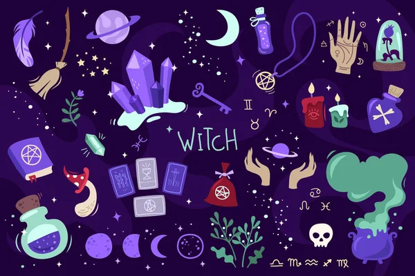 Ensemble Magique Coloré Attributs Sorcière Cartes Tarot Potions Poisons Planètes — Image vectorielle