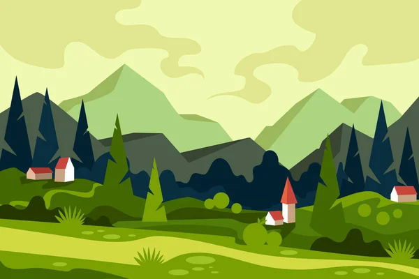 Paisaje Montaña Ilustración Plana Vectorial Campo Colinas Verdes Estilo Dibujos — Vector de stock