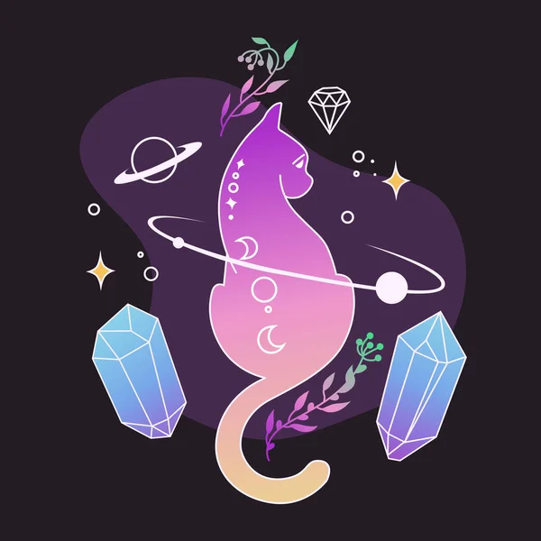 Magic Cat Crystals Mystical Symbols Witch Decor Witchcraft Vector Cartoon — Stockový vektor