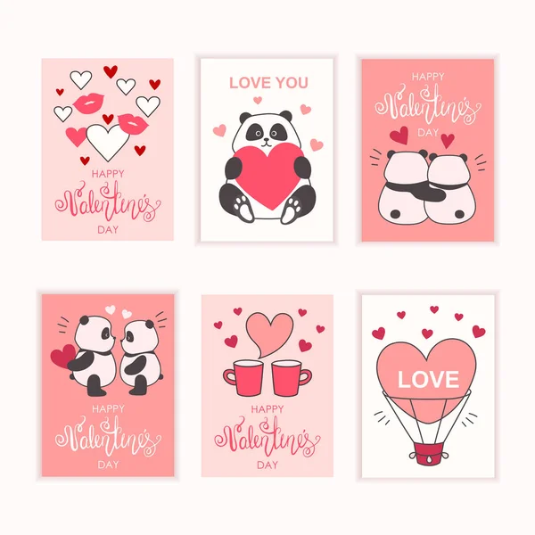 Pandas Encantados Lindos Animales Dibujos Animados Feliz Día San Valentín — Vector de stock