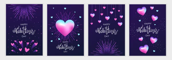 Ein Satz Romantischer Banner Zum Valentinstag Nacht Feuerwerk Und Herz — Stockvektor