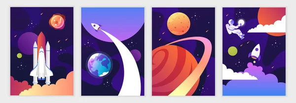 Space Shuttle Universe Colorful Planets Rocket Galaxy Universe Set Cartoon — Stockvector