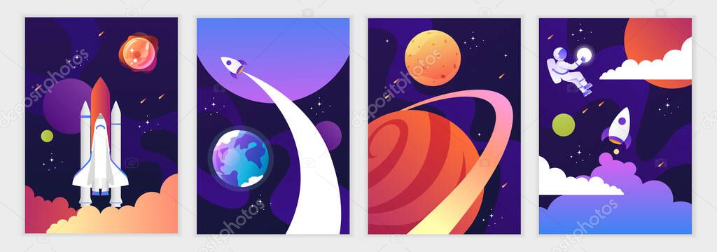  Space shuttle and universe. Colorful planets, rocket, galaxy and universe. Set of cartoon space backgrounds. Vector modern illustration. Templates for flyers, banners, cards, covers, frames, poster.