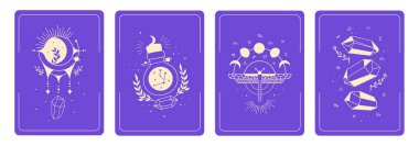 Set of mystical templates for tarot cards, banners, flyers, posters, brochures, stickers. Cards with esoteric symbols. Silhouette of planets, stars, moon phases and crystals. Vector illustration clipart