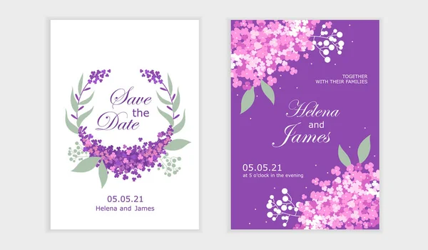 Набір Весільних Запрошень Цвітіння Природа Квітка Букет Фіолетовий Каркас Листям — стоковий вектор