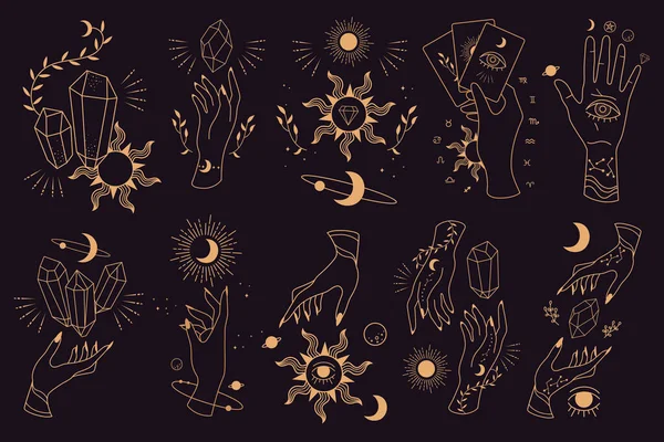 Grote Verzameling Magische Astrologische Symbolen Hand Poseert Mystieke Tekens Silhouetten Stockillustratie