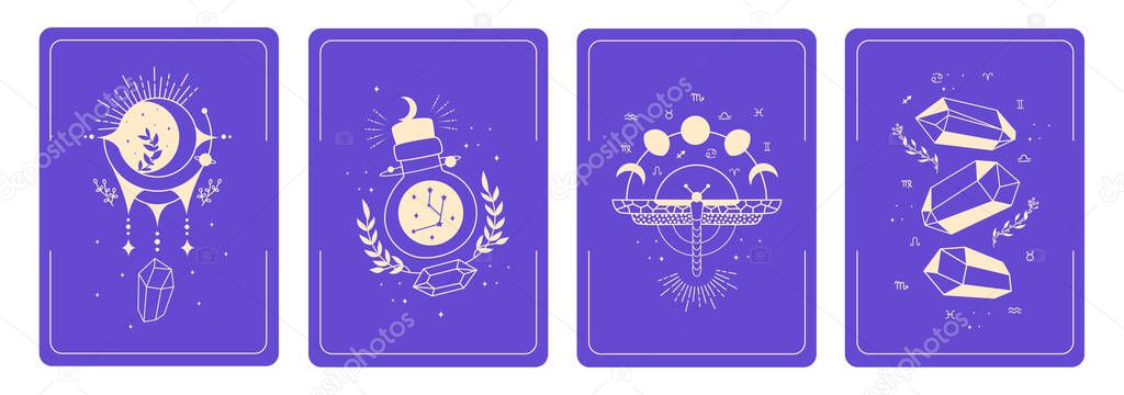 Set of mystical templates for tarot cards, banners, flyers, posters, brochures, stickers. Cards with esoteric symbols. Silhouette of planets, stars, moon phases and crystals. Vector illustration