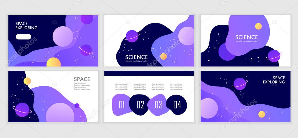 Set of web abstract banners templates. Presentation. Gradient modern design. Space explore. Business vector illustration. Purple.Science. Horizontal banners. EPS 10