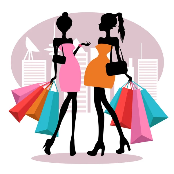 Chicas de compras en la ciudad — Vector de stock