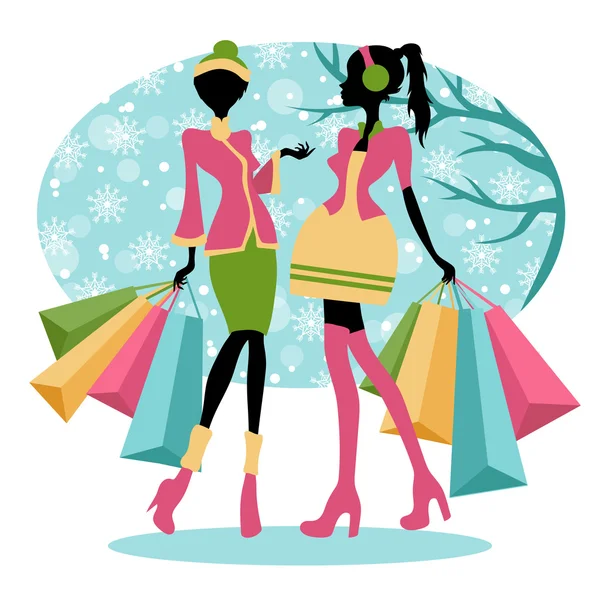 Winter shopping girls — Stock Vector