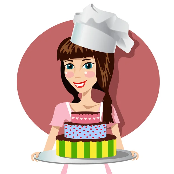 Chica chef con pastel — Vector de stock