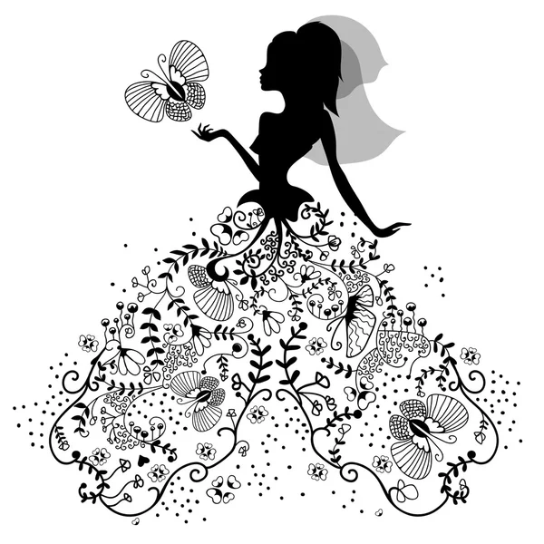 Silhouette of bride with butterfly — Stock Vector