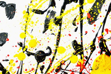 Soyut ifade renkli sıçrama arkaplanı. parlak suluboya arkaplan çizimi. Damlatma tekniği. siyah ve beyaz ve kırmızı ve sarı. yatay yönelim.