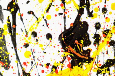 Soyut ifade renkli sıçrama arkaplanı. parlak suluboya arkaplan çizimi. Damlatma tekniği. siyah ve beyaz ve kırmızı ve sarı. yatay yönelim.