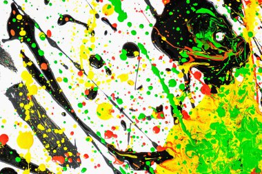 Soyut ifade renkli sıçrama arkaplanı. parlak suluboya arkaplan çizimi. Damlatma tekniği. siyah ve beyaz ve kırmızı ve sarı ve yeşil. yatay yönelim.