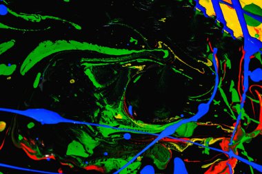 Soyut ifade renkli sıçrama arkaplanı. Renkleri karıştır. parlak suluboya arkaplan çizimi. Damlatma tekniği. Mavi ve siyah ve kırmızı ve sarı ve yeşil ve turuncu. yatay yönelim.