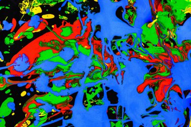 Soyut ifade renkli sıçrama arkaplanı. Renkleri karıştır. parlak suluboya arkaplan çizimi. Damlatma tekniği. Mavi ve siyah ve kırmızı ve sarı ve yeşil ve turuncu. yatay yönelim.