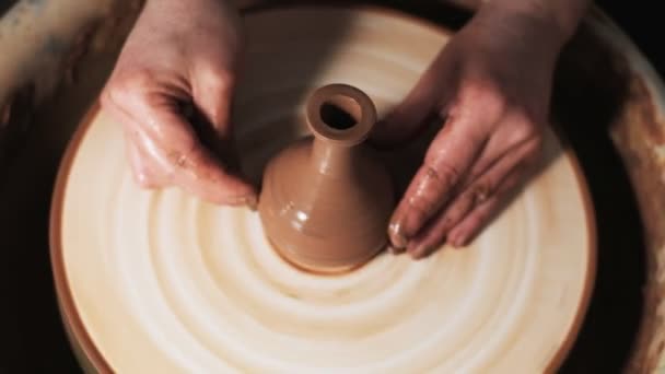 Hands Working Clay Potter Wheel Potter Shapes Clay Product Pottery — Stock Video