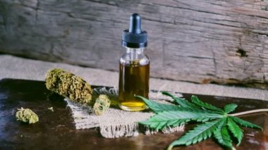 Bir şişe esrar konsantresi CBD, kurumuş marihuana tomurcukları ve tahta bir çuval kumaş arka planında kenevir yaprağının yanında duruyor. 4k