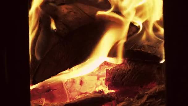 Spalanie drewna w piecu lub kominku. ogień z bliska. — Wideo stockowe