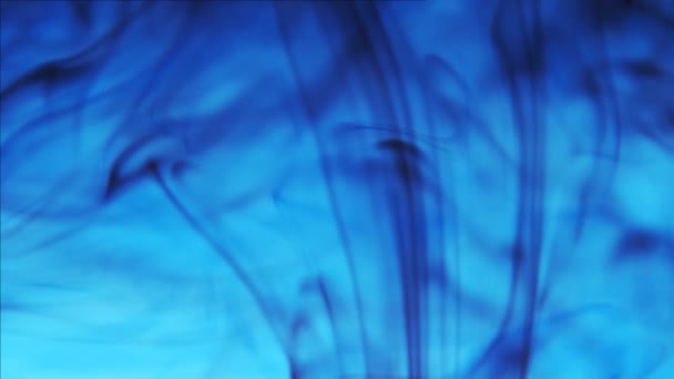 Tinta negra se extiende y arremolinando bajo el color azul del agua — Vídeos de Stock