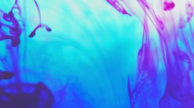 Mavi ve kırmızı renkli mürekkep, suda yavaş çekimde fotokopi alanı ile birlikte düşer. Su altında dönen mürekkepli bulut. 4k
