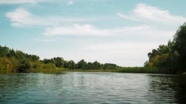 Yazın nehir. Sudaki ağaçların yansıması. Sudan gelen panorama. Yaz nehri manzarası. 4k