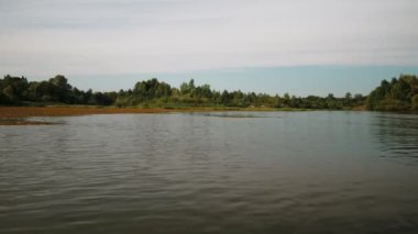 Yazın nehir. Sudaki ağaçların yansıması. Sudan gelen panorama. Yaz nehri manzarası. 4k