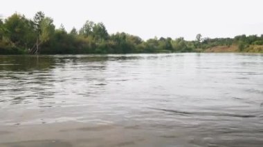 Yazın nehir. Sudaki ağaçların yansıması. Sudan gelen panorama. Yaz nehri manzarası. 4k