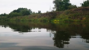 Yazın nehir. Sudaki ağaçların yansıması. Sudan gelen panorama. Yaz nehri manzarası.