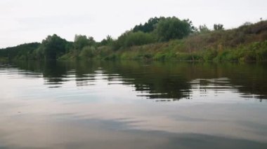 Yazın nehir. Sudaki ağaçların yansıması. Sudan gelen panorama. Yaz nehri manzarası.