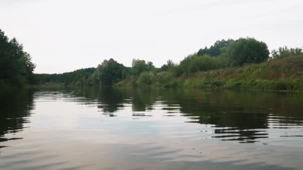 Río en verano. reflejo de los árboles en el agua. panorama desde el agua. verano río paisaje. — Vídeo de stock