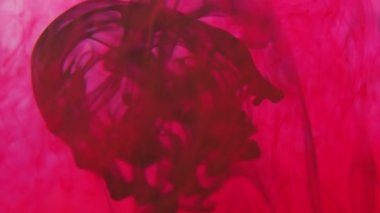 Kırmızı ve siyah renkli mürekkep, suda yavaş çekimde fotokopi alanı ile birlikte düşer. Su altında dönen mürekkepli bulut. 4k