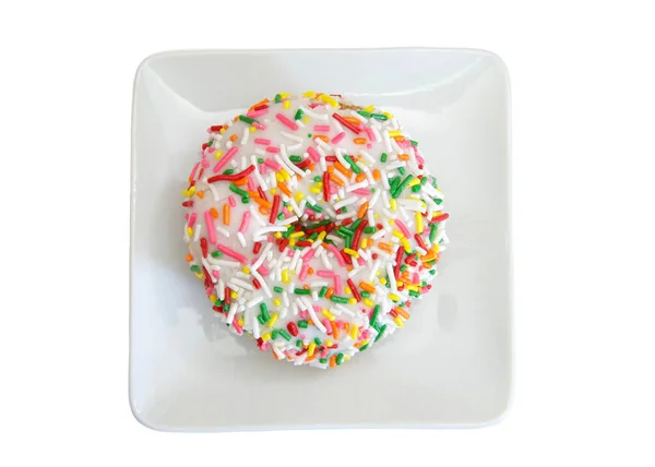 Top View Flat Lay One Vanilla Cake Donut Vanilla Frosting — Φωτογραφία Αρχείου