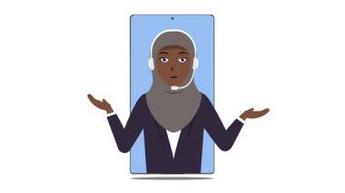 Siyahi Müslüman Kadın Müşteri Desteği Animasyon 4K ile Akıllı Telefon Proje ihtiyaçlarınız için uygun