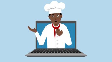 Siyah Erkek Aşçı Animasyon Video 4K ile Laptop Açılıyor Proje ihtiyaçlarınız için uygun