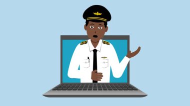 Siyah Erkek Pilot Animasyon Video 4K ile Laptop Açılıyor Proje ihtiyaçlarınız için uygun